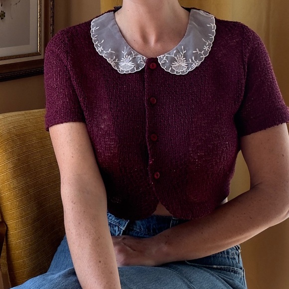 Vintage Sweaters - Vintage Coastal Granny Knit Cardigan Burgundy White Mesh and Embroidered Collar